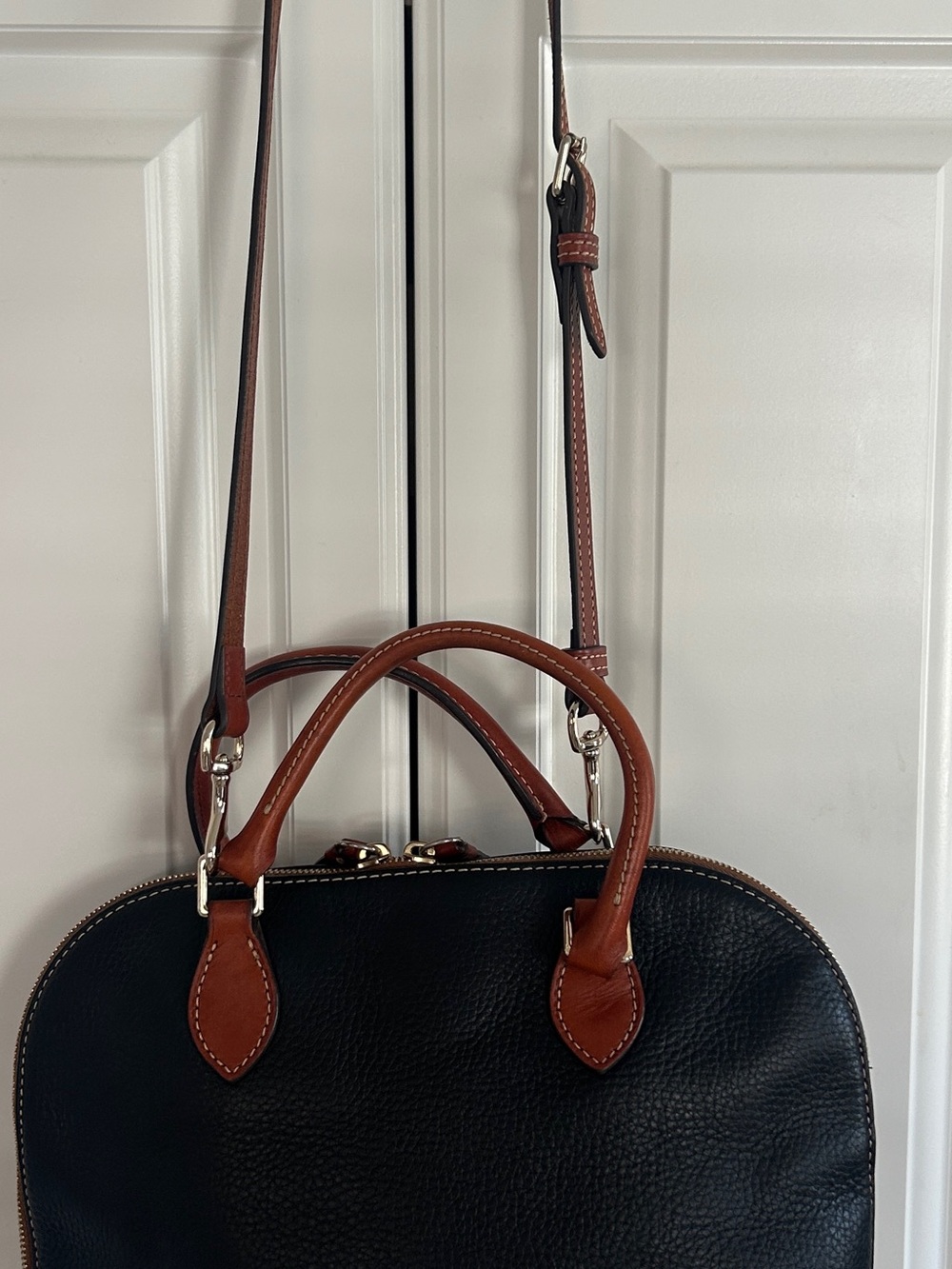 Classic Black Leather Satchel with Brown Trimack Dooney & Bourke